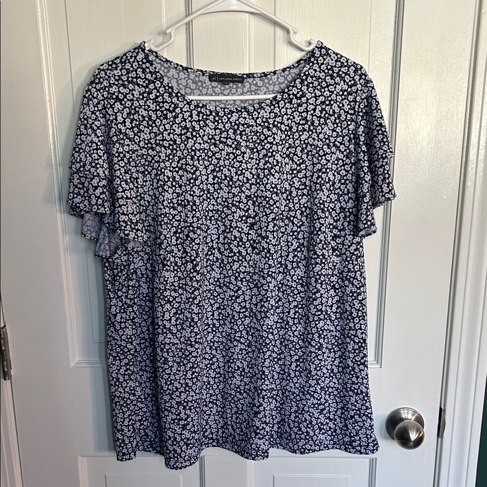 Adrianna Papell Navy and White Floral Blouse